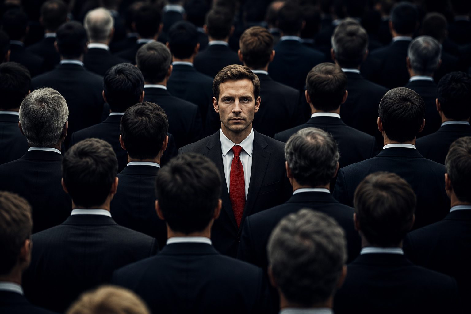 A confident attorney standing out clearly from a crowd of identical suits, representing brand differentiation